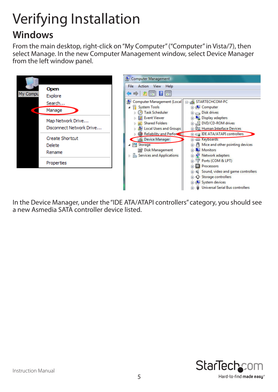 Verifying installation, Windows | StarTech.com 4-Port (2 Internal/2 External) PCIe SATA 6 Gb/s Controller Card User Manual | Page 8 / 11