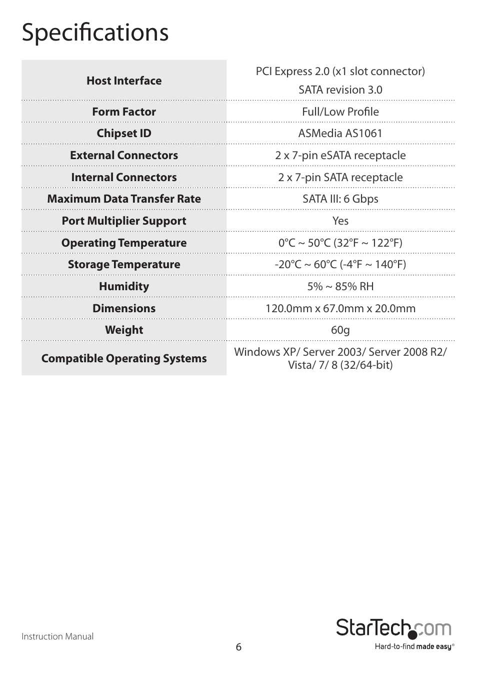 Specifications | StarTech.com 4-Port (2 Internal/2 External) PCIe SATA 6 Gb/s Controller Card User Manual | Page 9 / 11