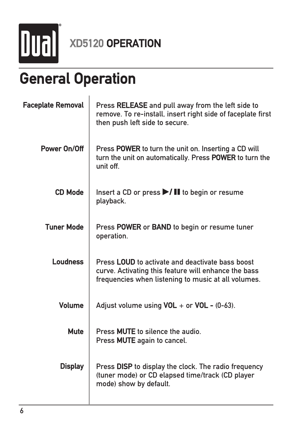 General operation, Xd5120 operation | Dual XD5120 User Manual | Page 6 / 12