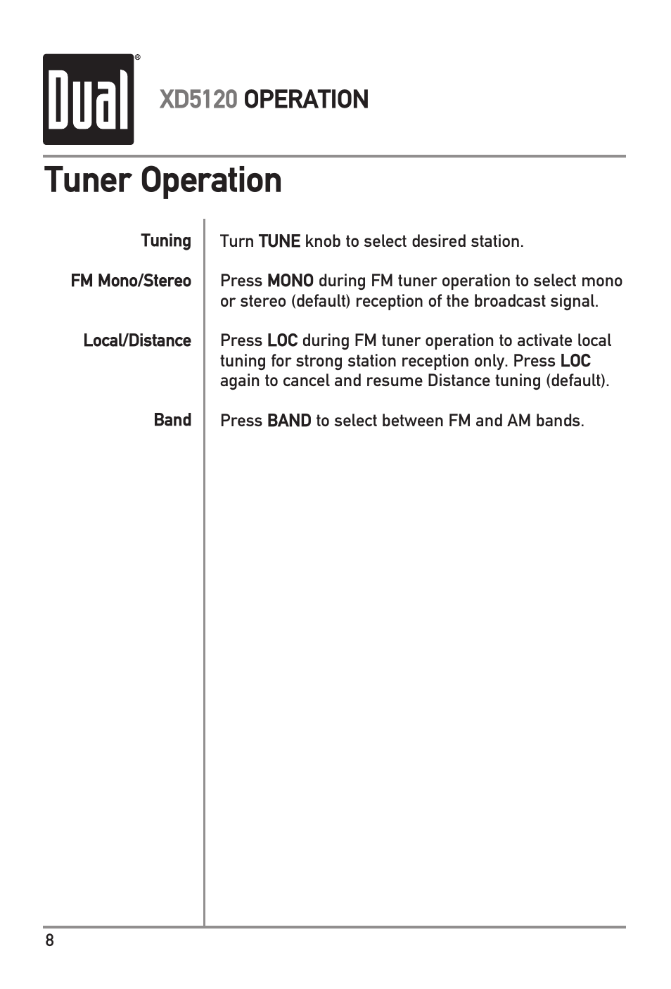 Tuner operation, Xd5120 operation | Dual XD5120 User Manual | Page 8 / 12