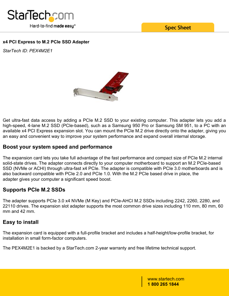 StarTech.com PCI Express x4 to M.2 PCIe SSD Adapter User Manual | 4 pages