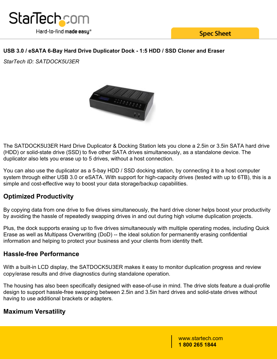 StarTech.com USB 3.0/eSATA 1:5 SATA 2.5"/3.5" Standalone HDD Duplicator & Eraser User Manual | 5 pages