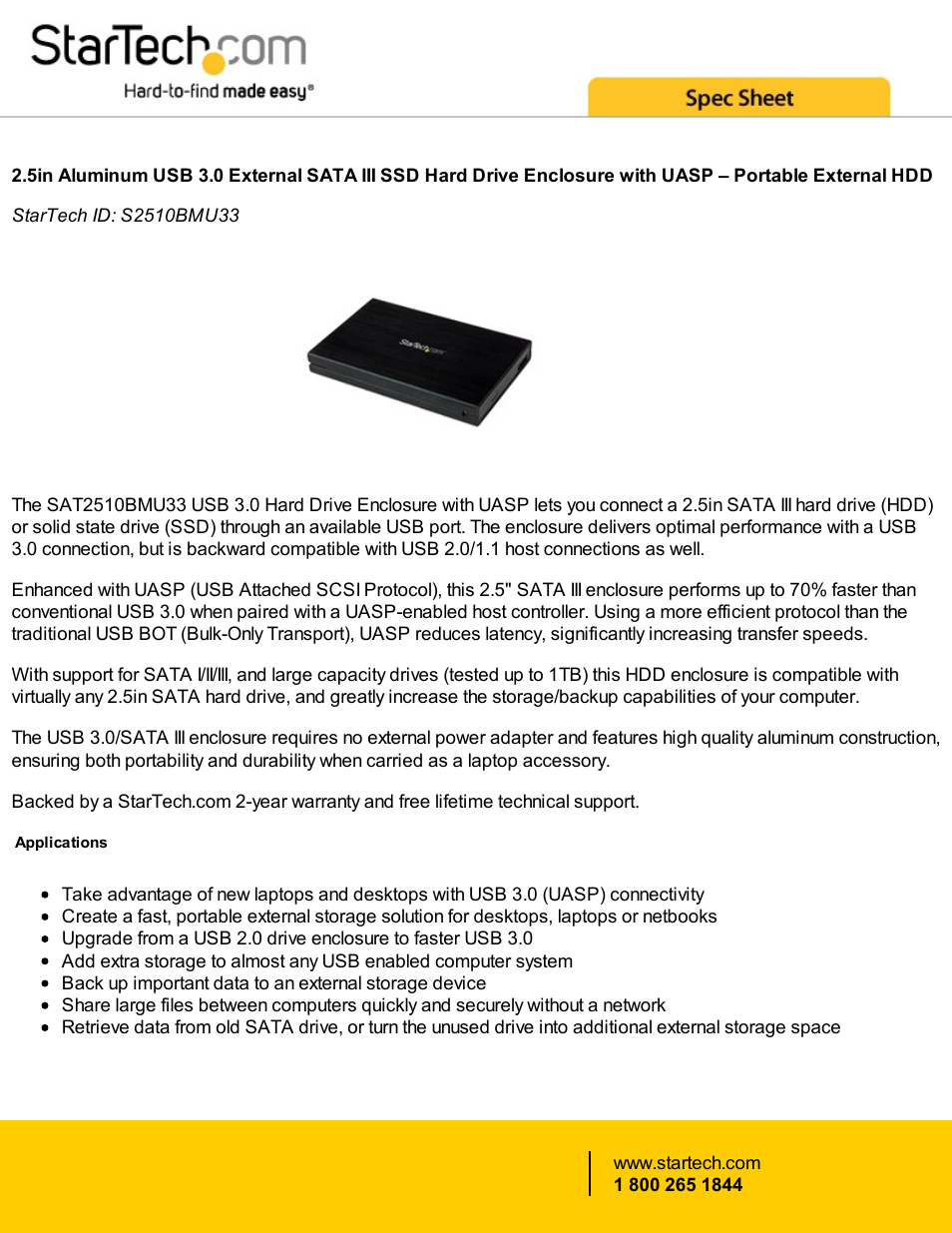 StarTech.com 2.5" Aluminum USB 3.0 SATA III SSD Hard Drive Enclosure User Manual | 4 pages