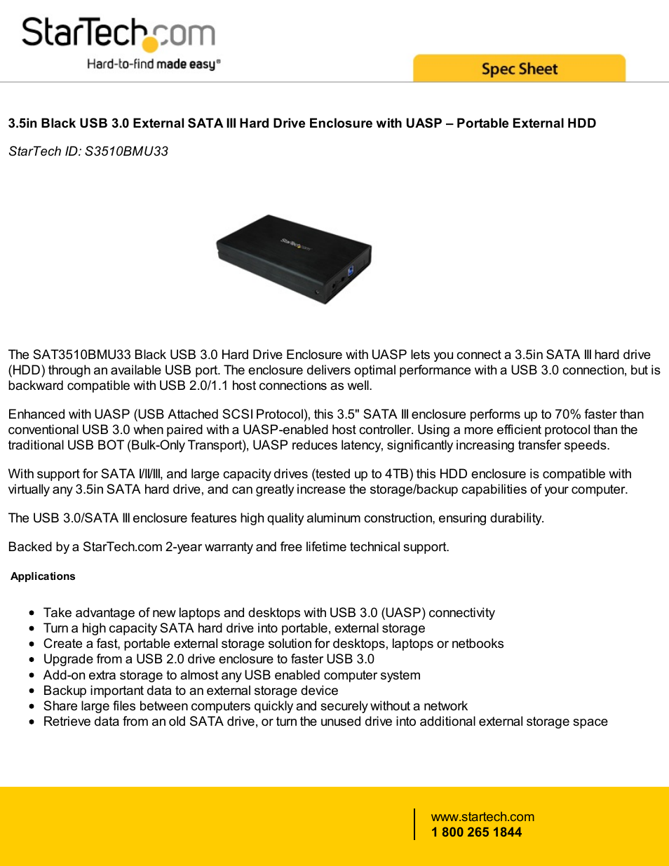 StarTech.com 3.5" USB 3.0 SATA III External Hard Drive Enclosure with UASP (Black) User Manual | 4 pages