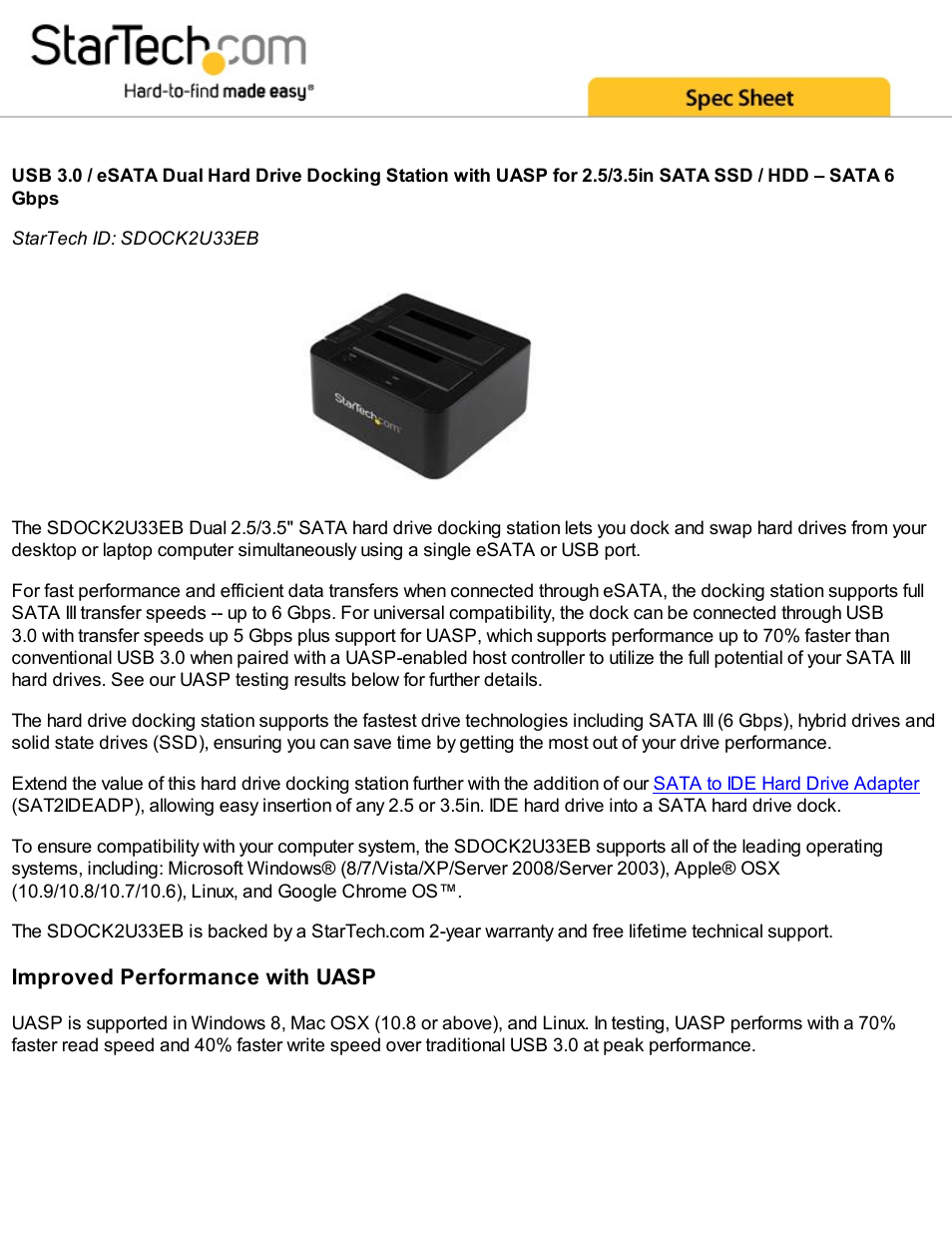 StarTech.com USB 3.0/eSATA to Dual 2.5/3.5" HDD/SSD Docking Station with UASP User Manual | 4 pages