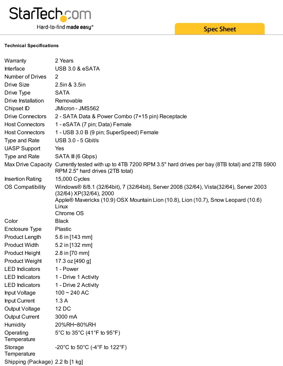 StarTech.com USB 3.0/eSATA to Dual 2.5/3.5" HDD/SSD Docking Station with UASP User Manual | Page 3 / 4