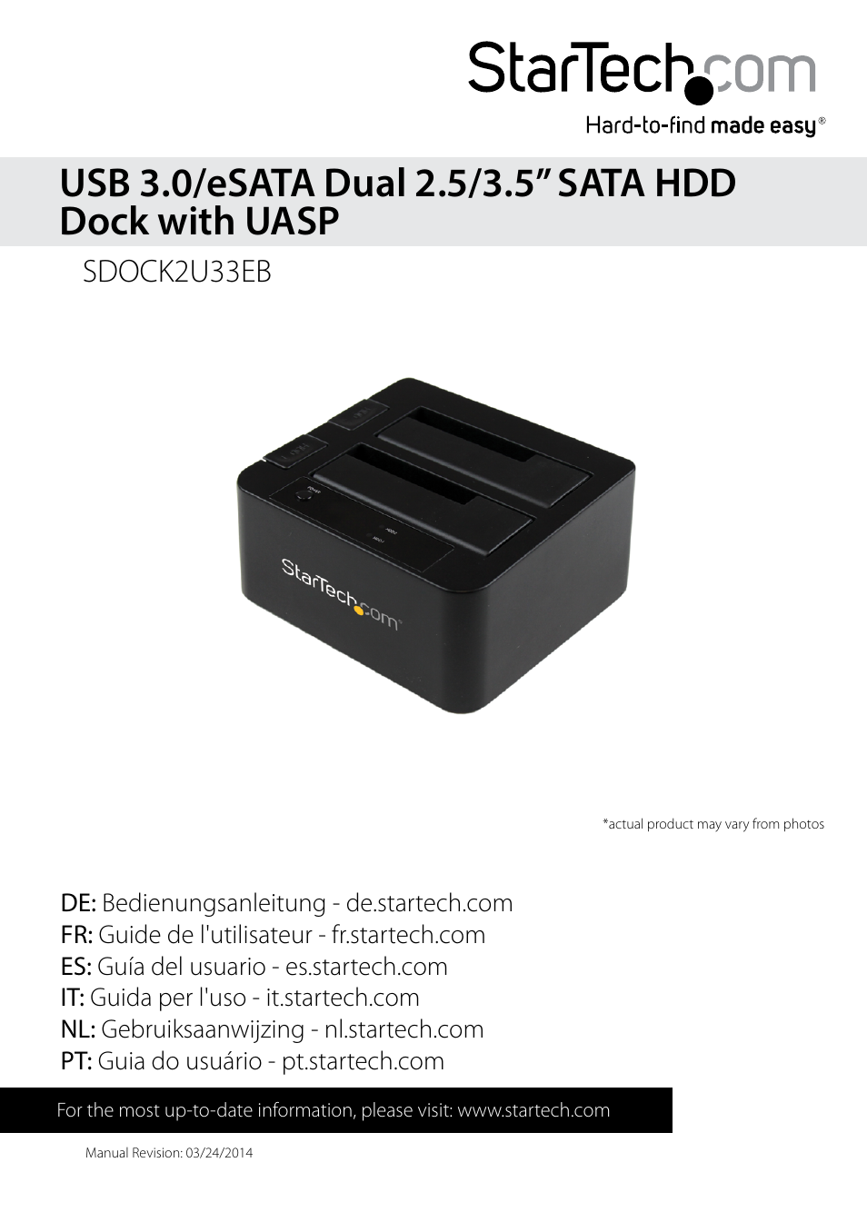 StarTech.com USB 3.0/eSATA to Dual 2.5/3.5" HDD/SSD Docking Station with UASP User Manual | 12 pages