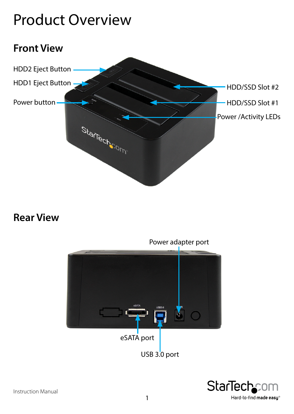 Product overview, Front view, Rear view | Front view rear view | StarTech.com USB 3.0/eSATA to Dual 2.5/3.5" HDD/SSD Docking Station with UASP User Manual | Page 4 / 12