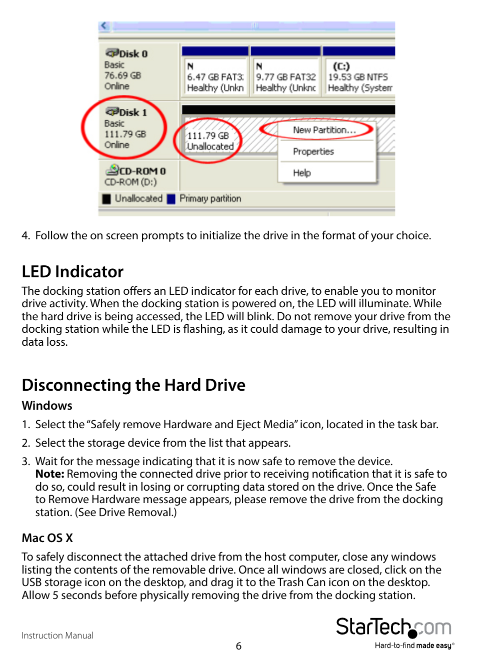 Led indicator, Disconnecting the hard drive, Led indicator disconnecting the hard drive | StarTech.com USB 3.0/eSATA to Dual 2.5/3.5" HDD/SSD Docking Station with UASP User Manual | Page 9 / 12