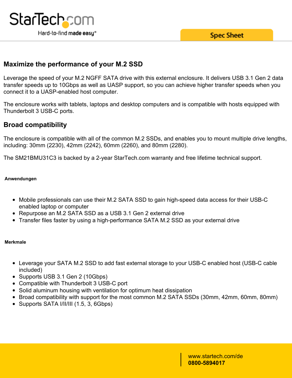 Maximize the performance of your m.2 ssd, Broad compatibility | StarTech.com M.2 SATA SSD Enclosure User Manual | Page 2 / 4