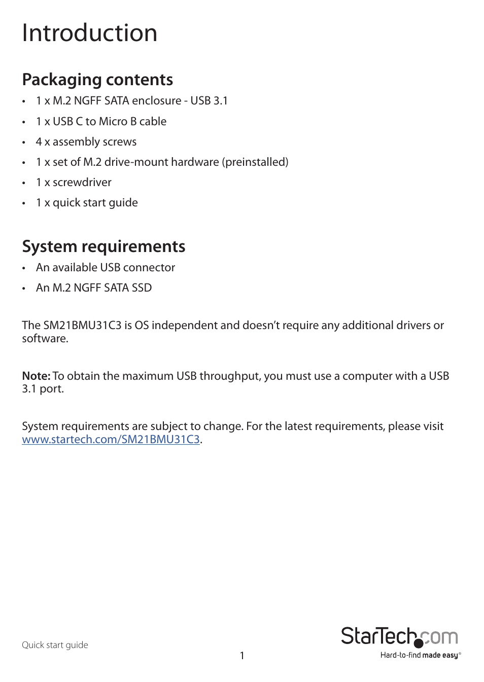 Introduction, Packaging contents, System requirements | StarTech.com M.2 SATA SSD Enclosure User Manual | Page 4 / 10
