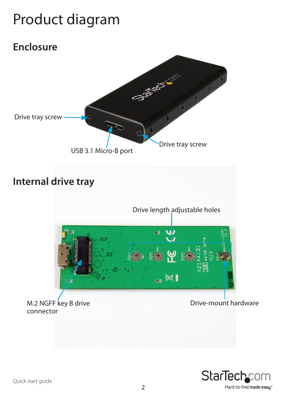 Product diagram, Enclosure, Internal drive tray | StarTech.com M.2 SATA SSD Enclosure User Manual | Page 5 / 10