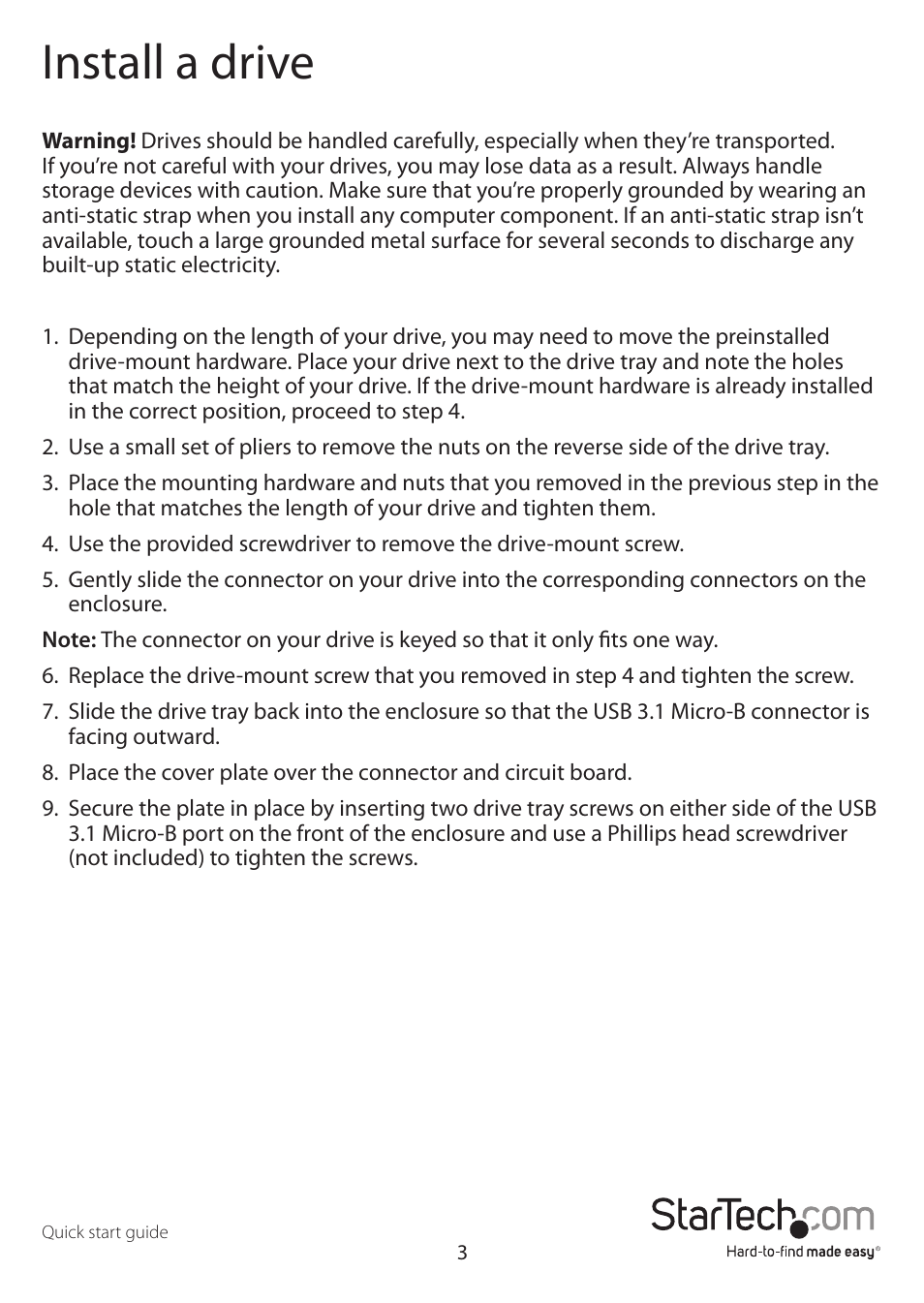 Install a drive | StarTech.com M.2 SATA SSD Enclosure User Manual | Page 6 / 10