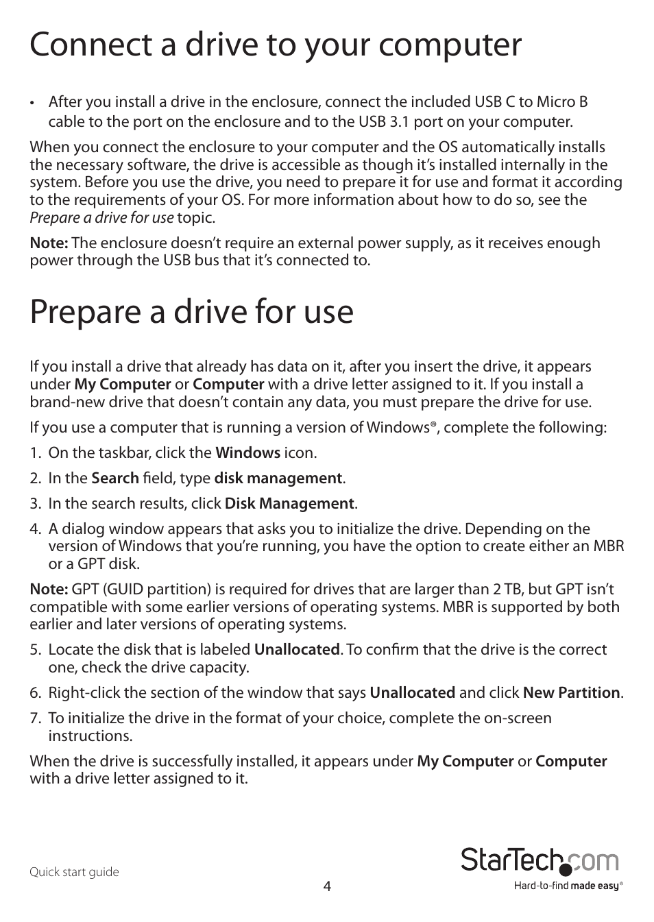 Connect a drive to your computer, Prepare a drive for use | StarTech.com M.2 SATA SSD Enclosure User Manual | Page 7 / 10