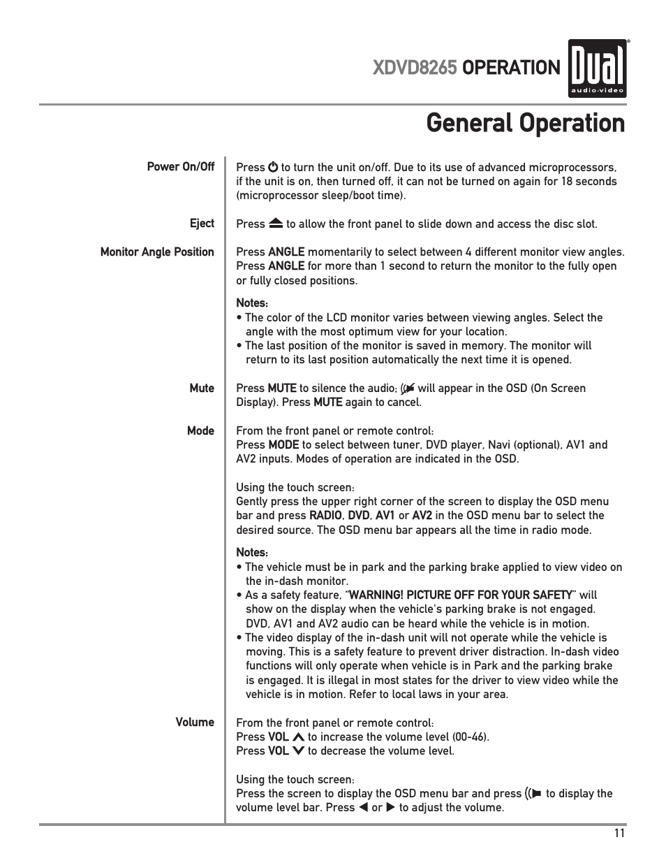 General operation, Xdvd8265 operation | Dual XDVD8265 User Manual | Page 11 / 36