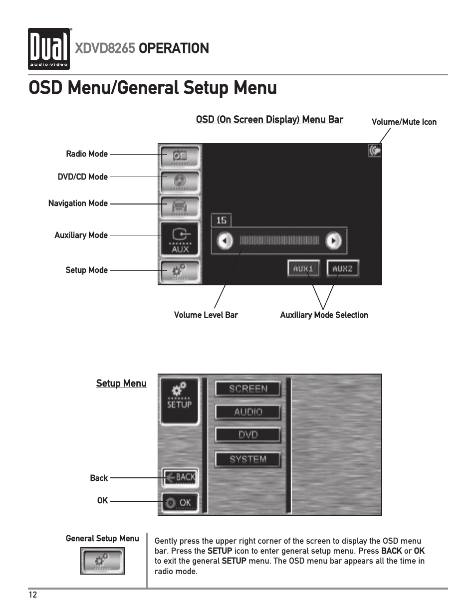 Osd menu/general setup menu, Xdvd8265 operation | Dual XDVD8265 User Manual | Page 12 / 36