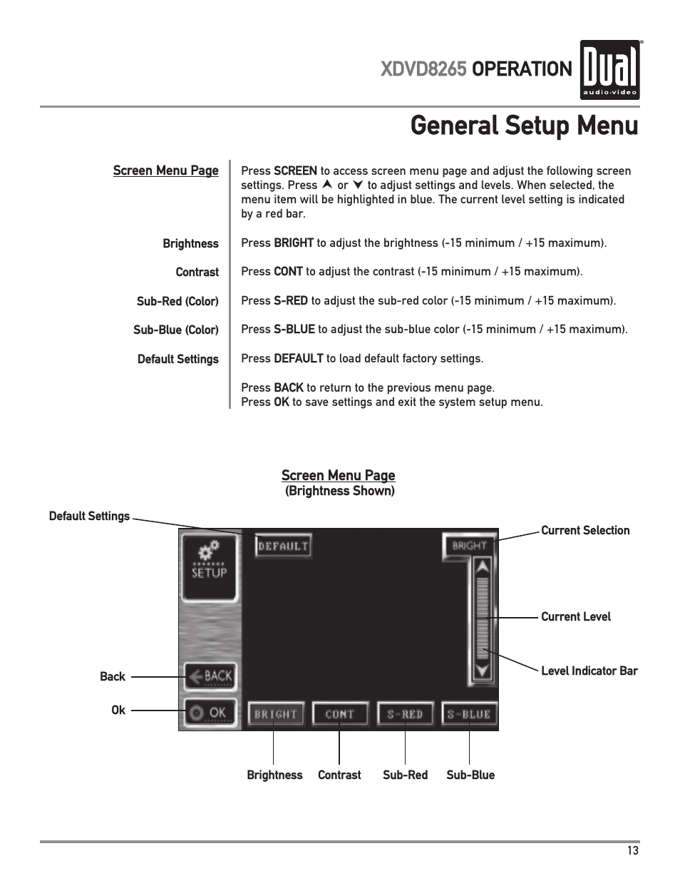 General setup menu, Xdvd8265 operation | Dual XDVD8265 User Manual | Page 13 / 36