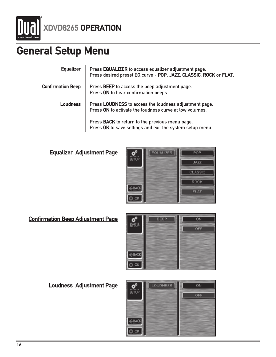 General setup menu, Xdvd8265 operation | Dual XDVD8265 User Manual | Page 16 / 36