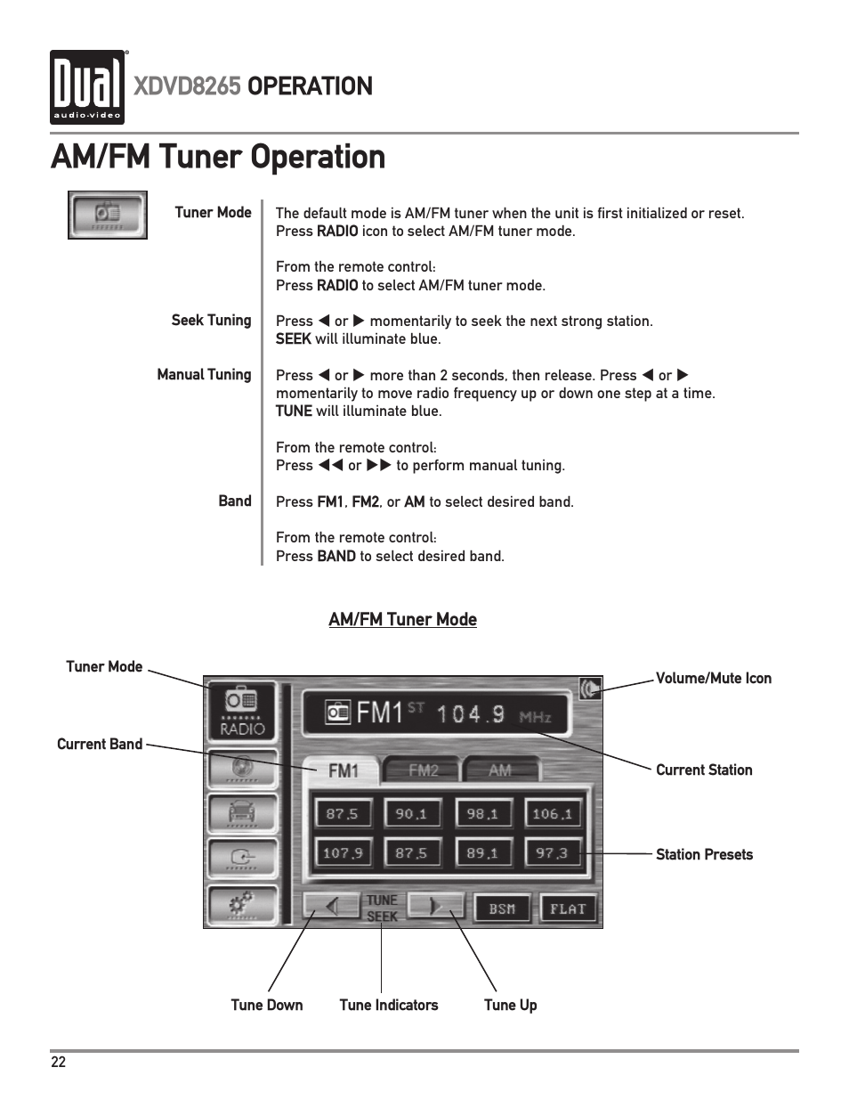 Am/fm tuner operation, Xdvd8265 operation | Dual XDVD8265 User Manual | Page 22 / 36