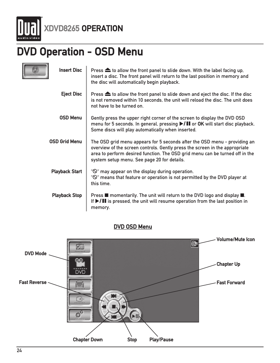 Dvd operation - osd menu, Xdvd8265 operation | Dual XDVD8265 User Manual | Page 24 / 36