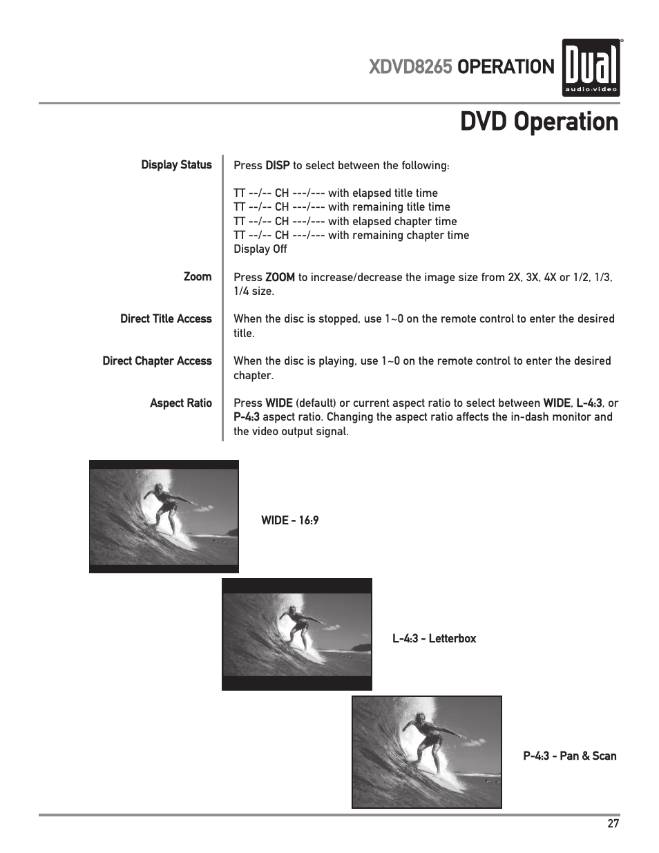 Dvd operation, Xdvd8265 operation | Dual XDVD8265 User Manual | Page 27 / 36