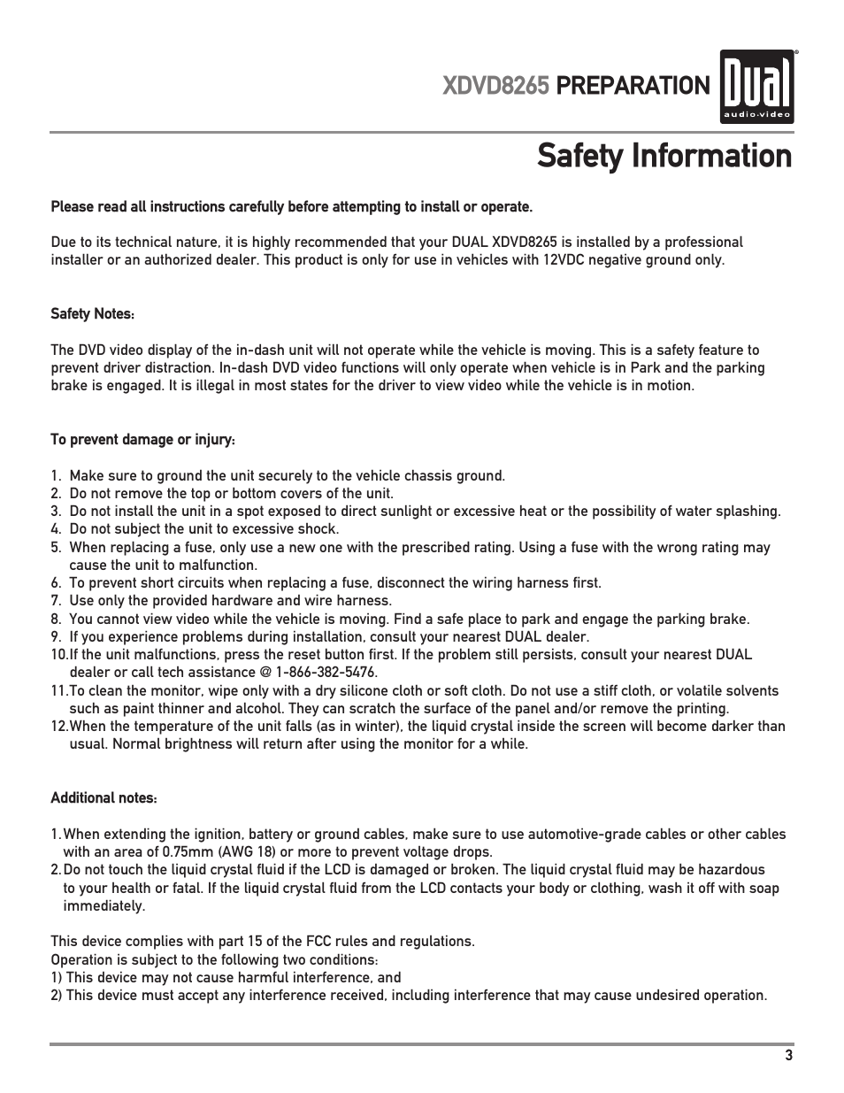 Safety information, Xdvd8265 preparation | Dual XDVD8265 User Manual | Page 3 / 36