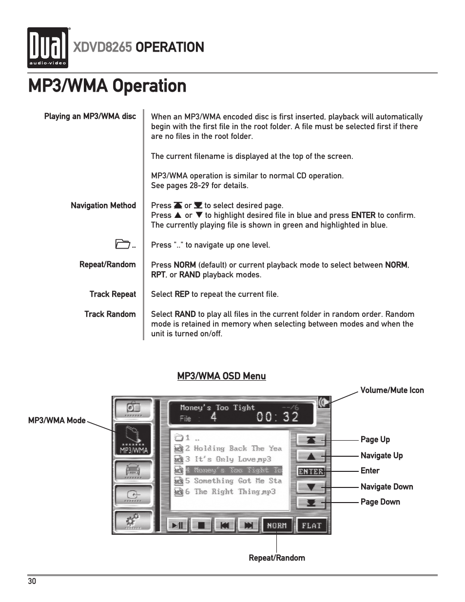 Mp3/wma operation, Xdvd8265 operation | Dual XDVD8265 User Manual | Page 30 / 36