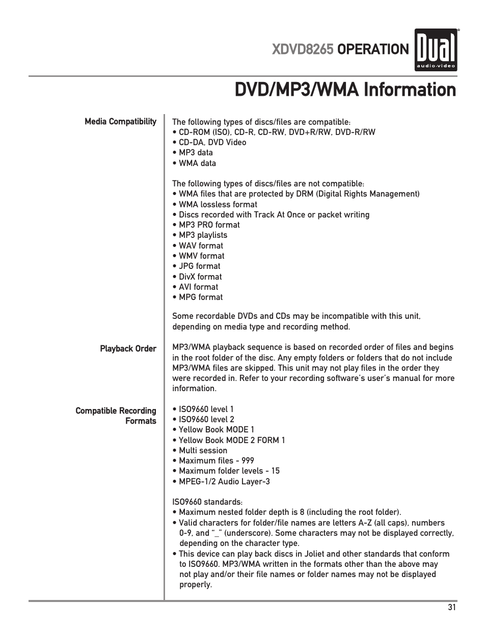 Dvd/mp3/wma information, Xdvd8265 operation | Dual XDVD8265 User Manual | Page 31 / 36