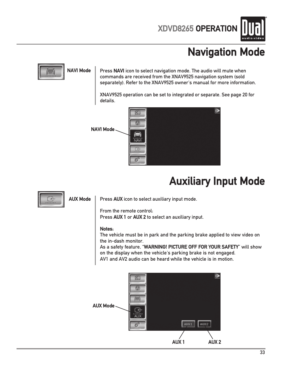 Navigation mode, Auxiliary input mode, Xdvd8265 operation | Dual XDVD8265 User Manual | Page 33 / 36