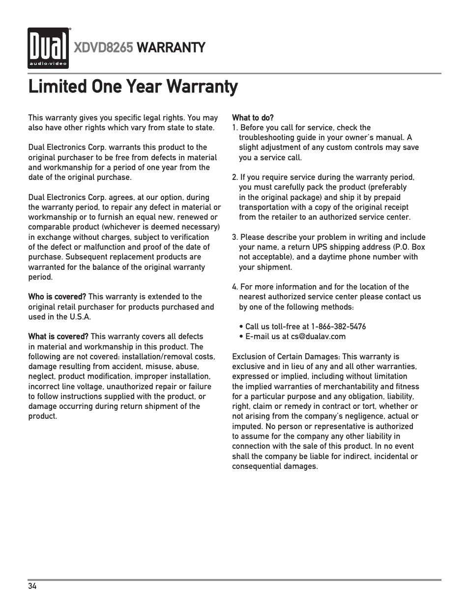 Limited one year warranty, Xdvd8265 warranty | Dual XDVD8265 User Manual | Page 34 / 36