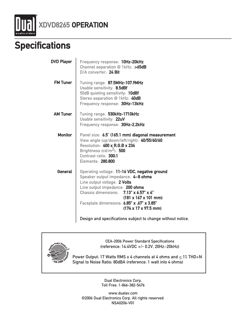 Specifications, Xdvd8265 operation | Dual XDVD8265 User Manual | Page 36 / 36