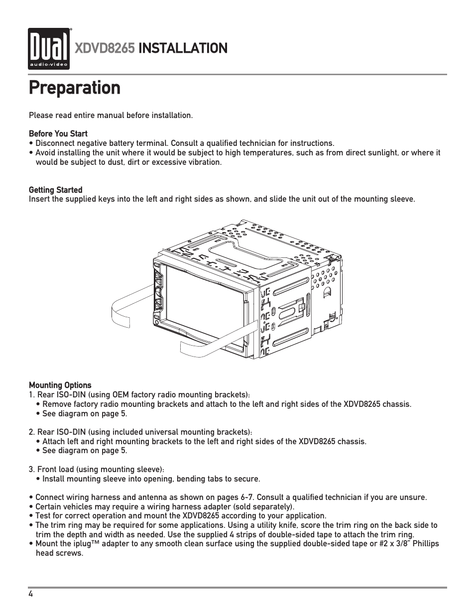 Preparation, Xdvd8265 installation | Dual XDVD8265 User Manual | Page 4 / 36