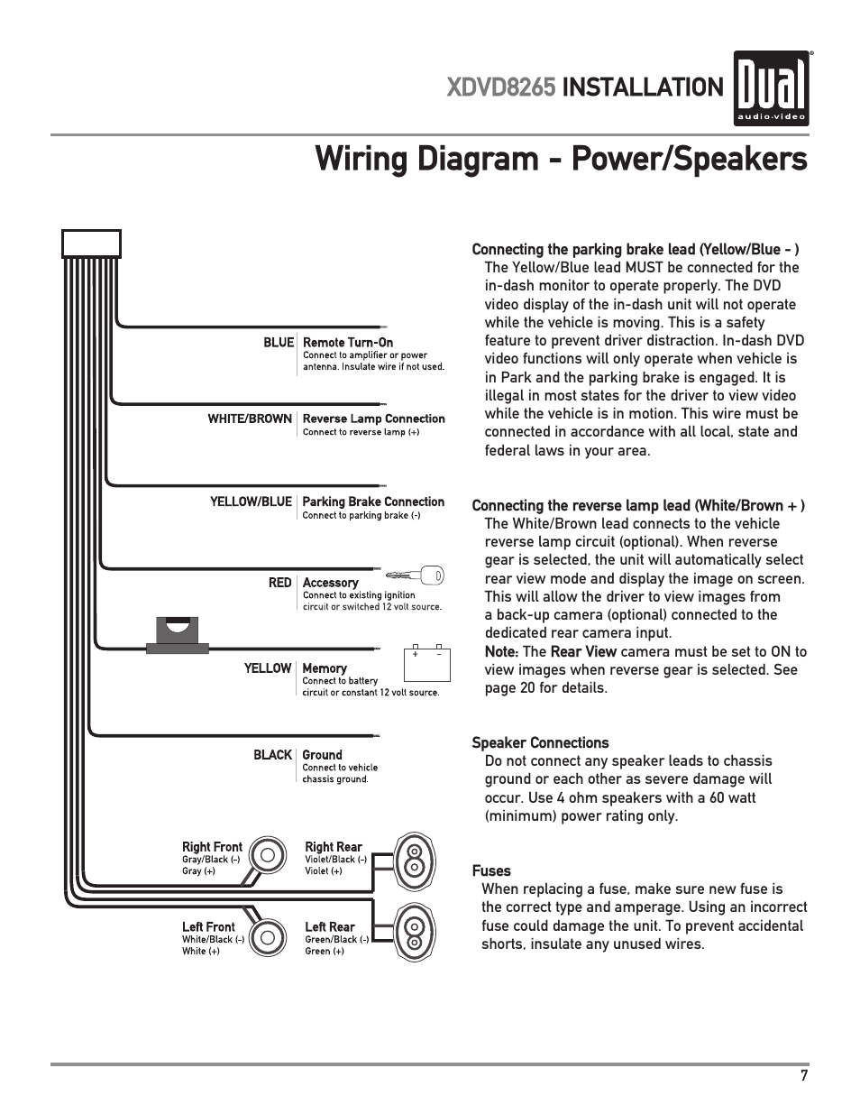 Wiring diagram - power/speakers, Xdvd8265 installation | Dual XDVD8265 User Manual | Page 7 / 36