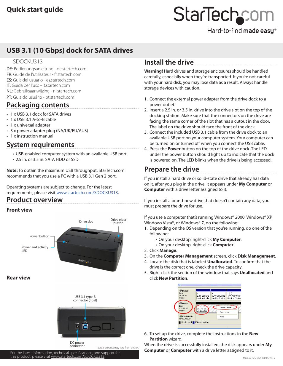 StarTech.com USB 3.1 Single-Bay Docking Station User Manual | 2 pages