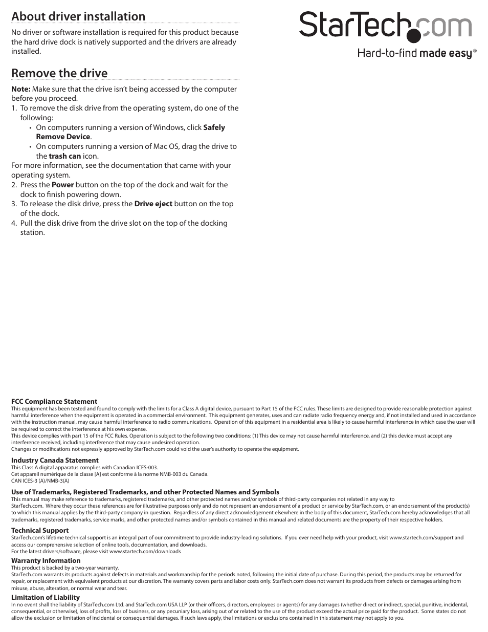 About driver installation, Remove the drive | StarTech.com USB 3.1 Single-Bay Docking Station User Manual | Page 2 / 2