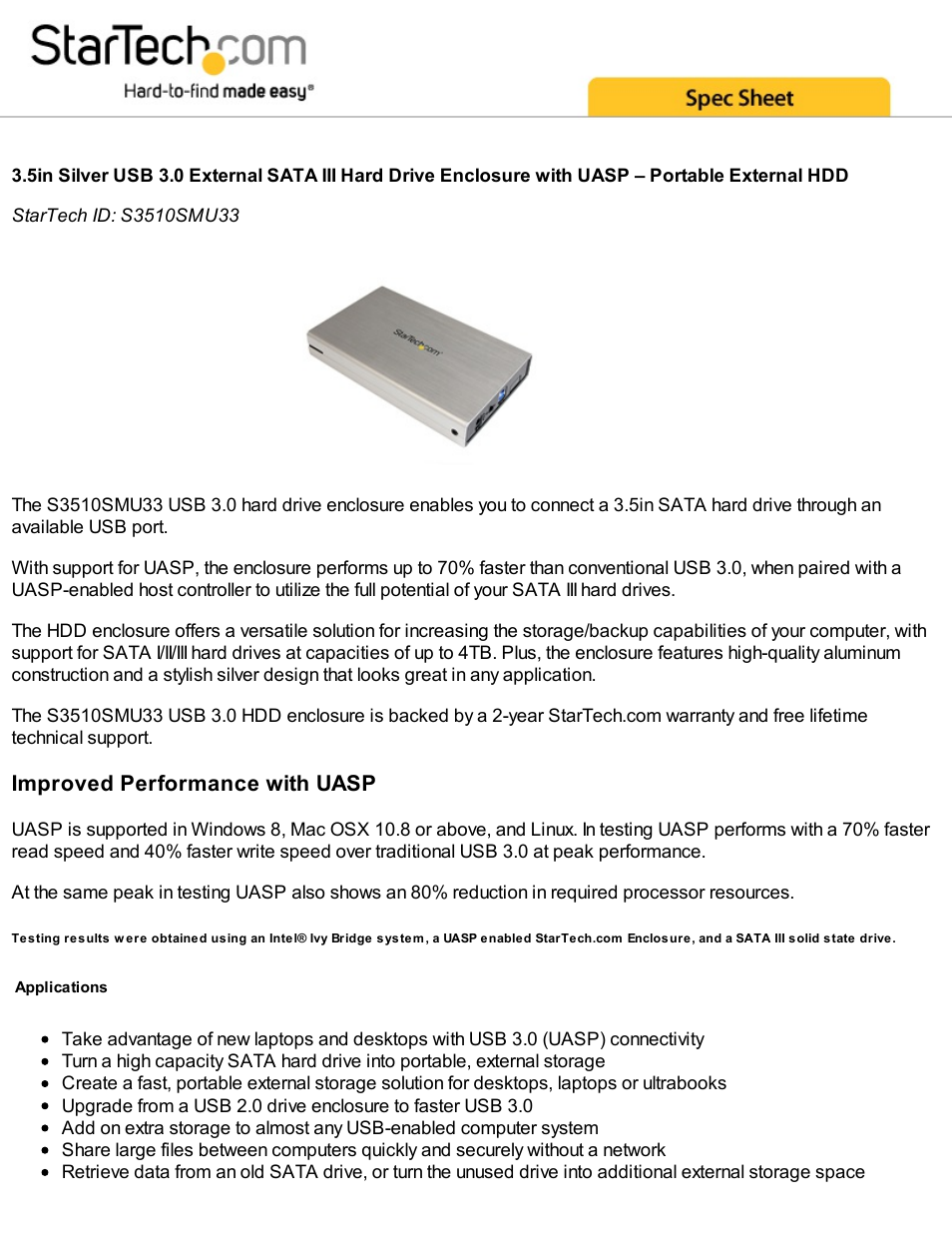StarTech.com 3.5" USB 3.0 SATA III External Hard Drive Enclosure with UASP (Silver) User Manual | 4 pages