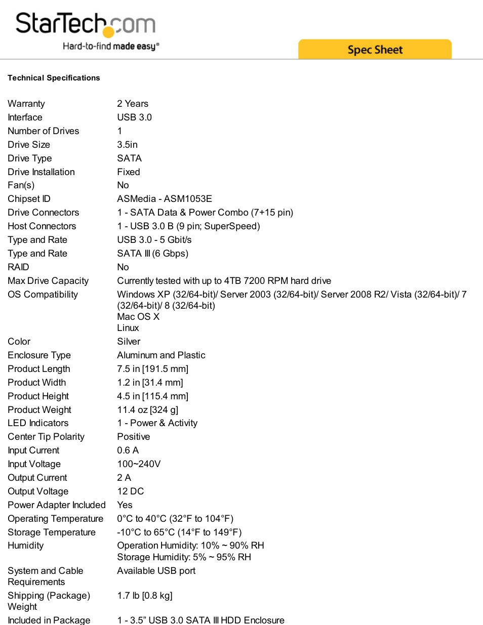 StarTech.com 3.5" USB 3.0 SATA III External Hard Drive Enclosure with UASP (Silver) User Manual | Page 3 / 4