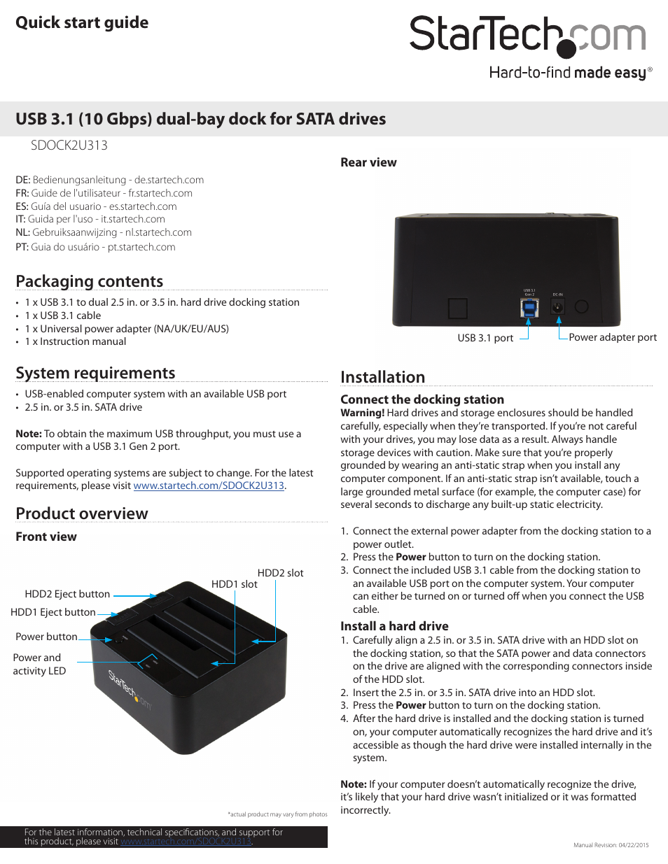 StarTech.com USB 3.1 Dual-Bay Dock for 2.5"/3.5" SATA SSDs/HDDs User Manual | 2 pages