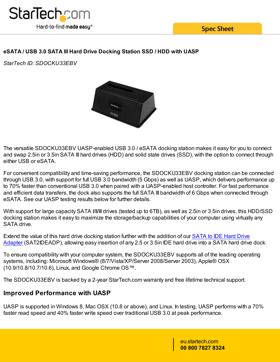 StarTech.com eSATA / USB 3.0 SATA III Hard Drive Docking Station User Manual | 5 pages