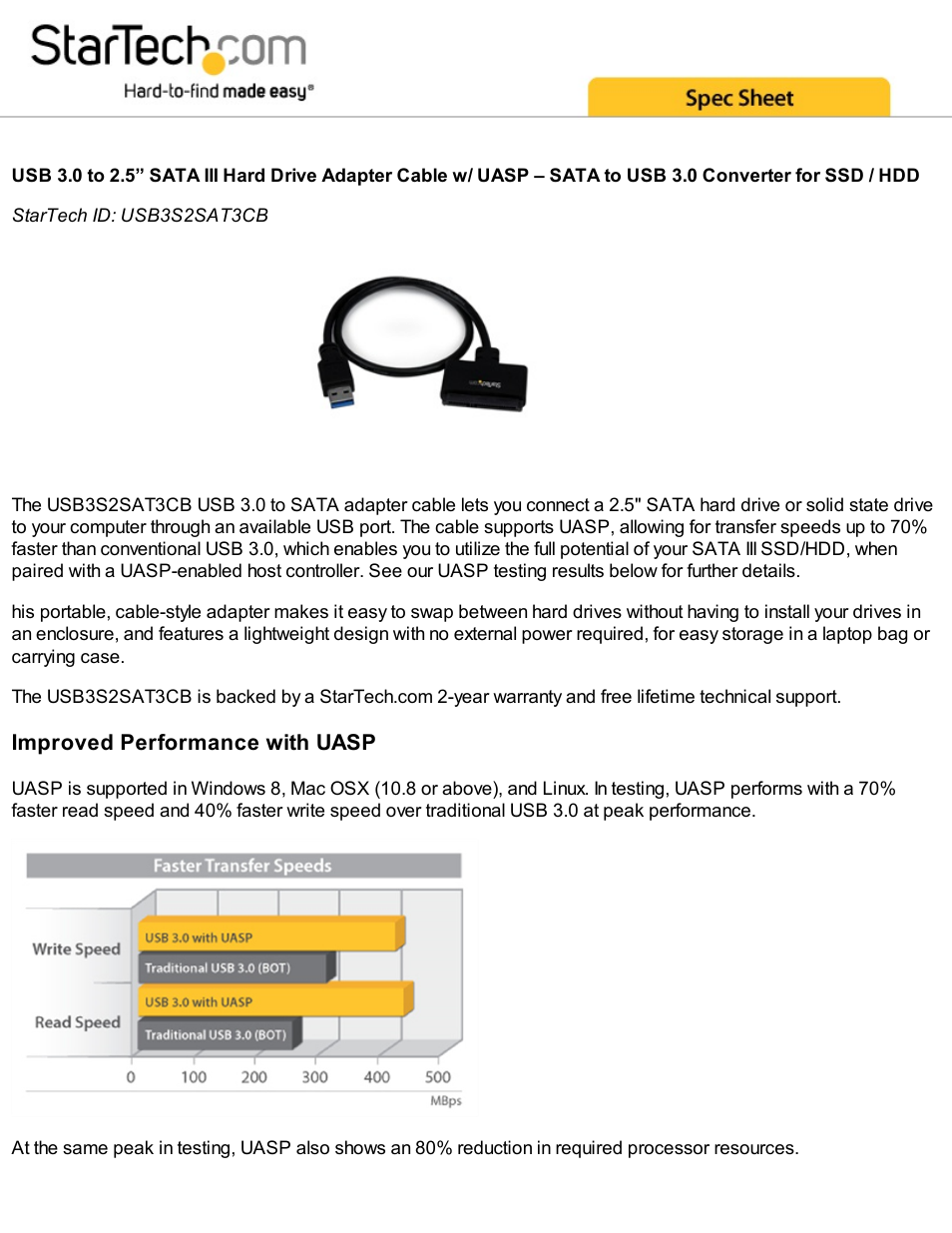 StarTech.com USB 3.0 to 2.5" SATA III Drive Adapter Cable (19.7") User Manual | 4 pages