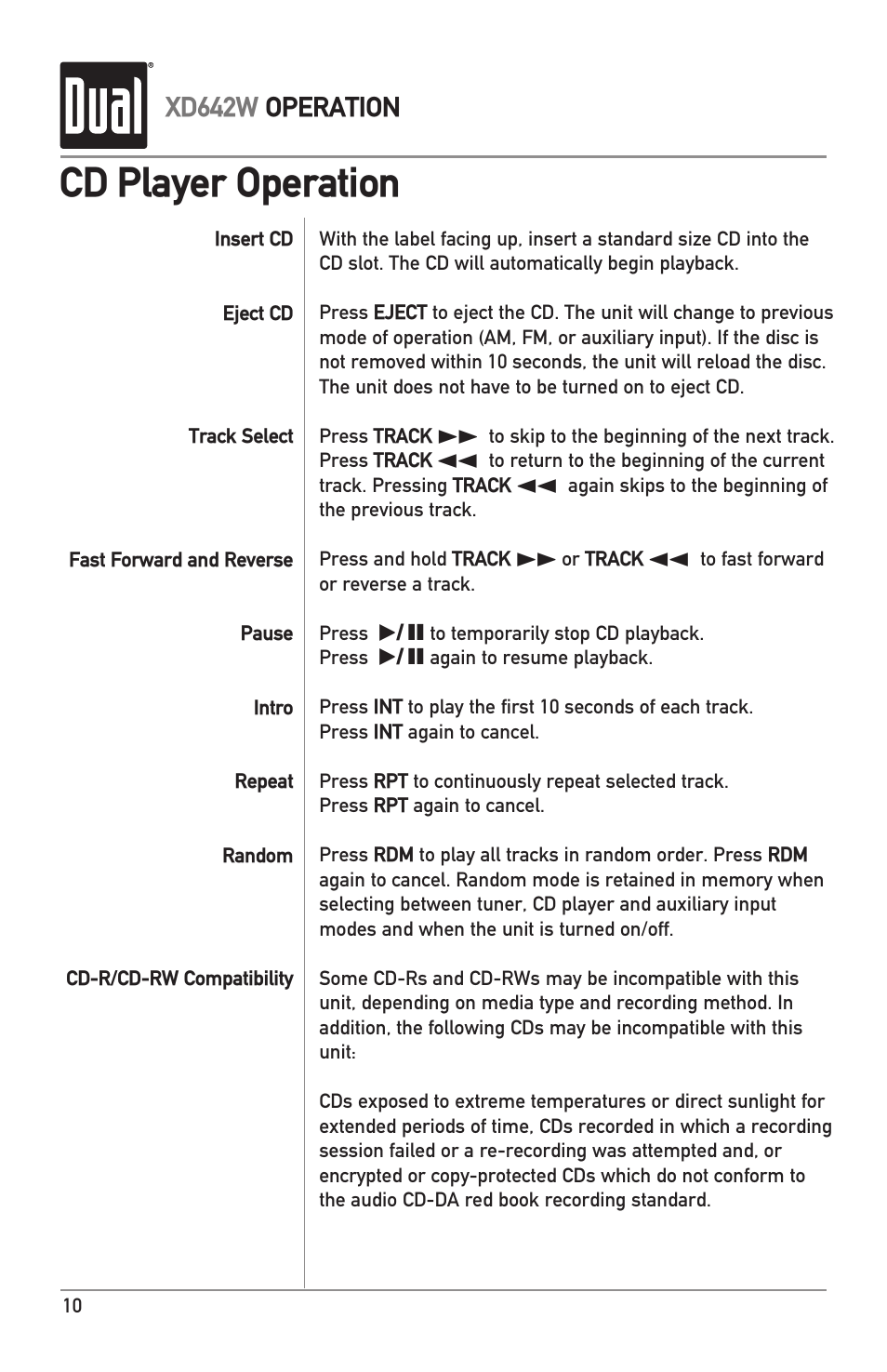 Cd player operation | Dual IPLUG XD642W User Manual | Page 10 / 14
