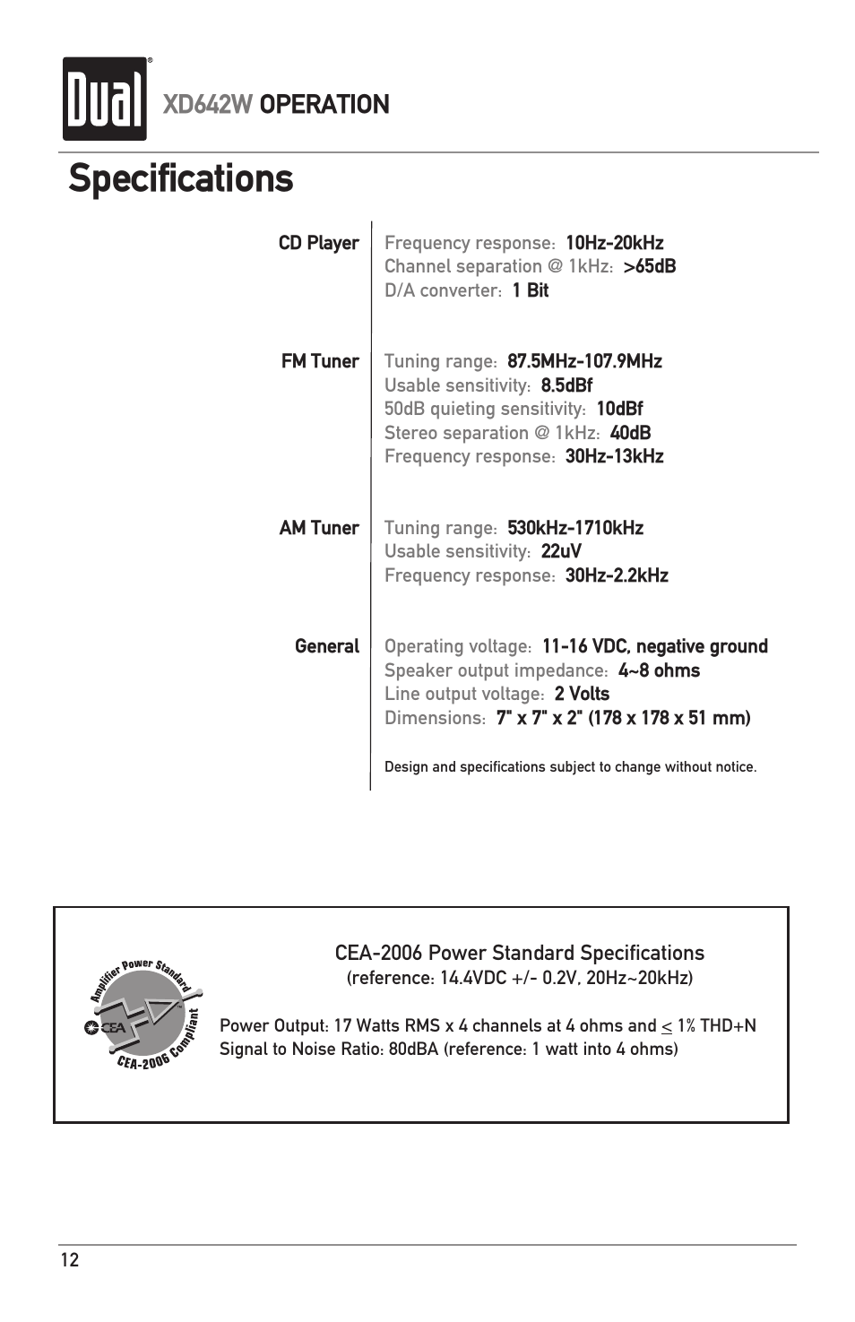 Specifications, Xd642w operation | Dual IPLUG XD642W User Manual | Page 12 / 14