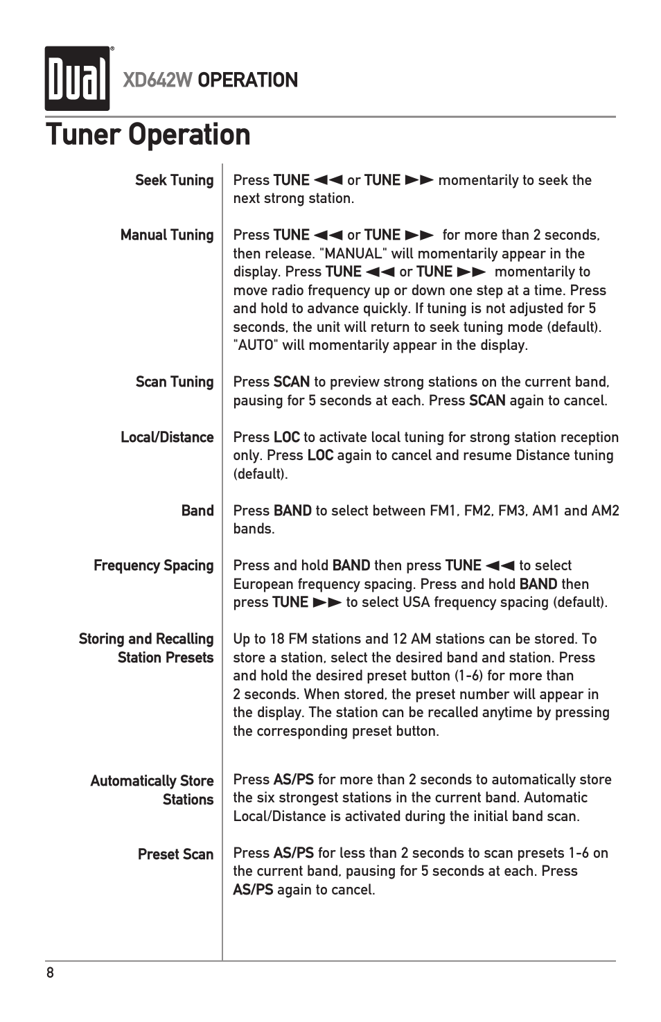 Tuner operation | Dual IPLUG XD642W User Manual | Page 8 / 14