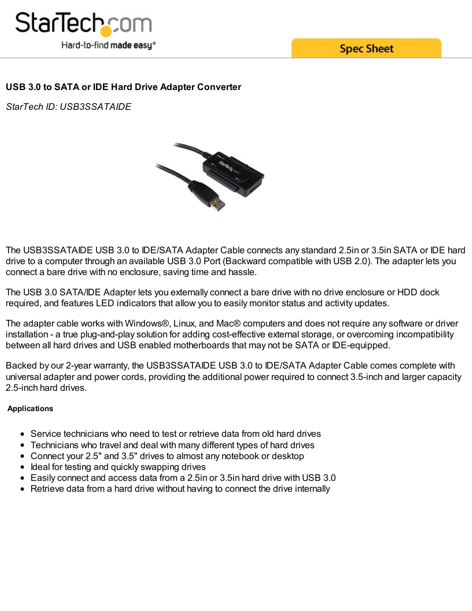 StarTech.com USB 3.0 to IDE/SATA Adapter Cable (Black) User Manual | 4 pages