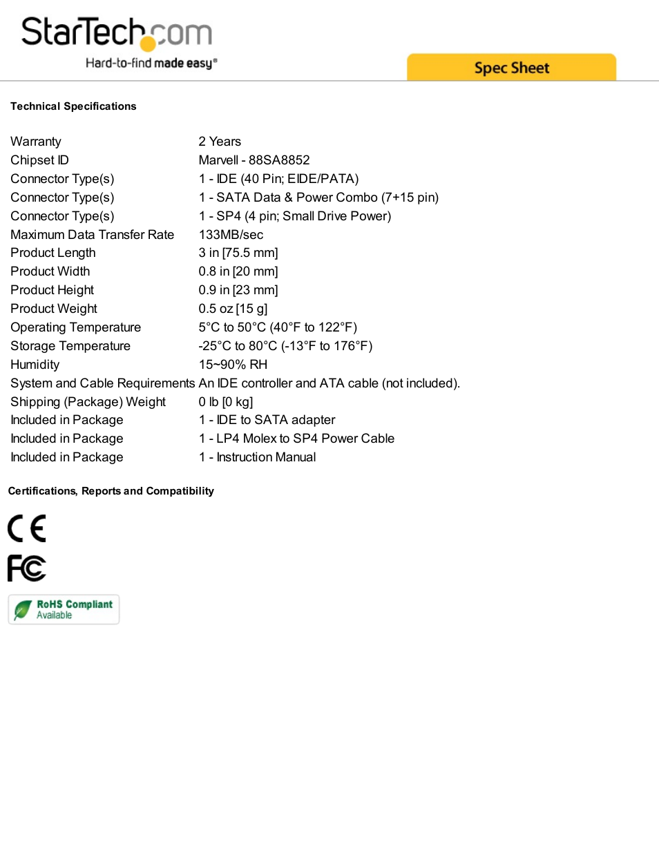 StarTech.com 40-Pin PATA to 2.5" SATA HDD/SSD/ODD Converter User Manual | Page 2 / 2