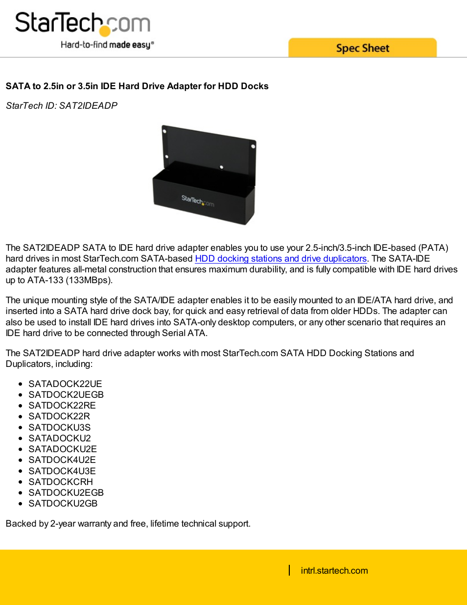 StarTech.com SATA to 2.5" or 3.5" IDE Hard Drive Adapter for HDD Docks (Black) User Manual | 4 pages