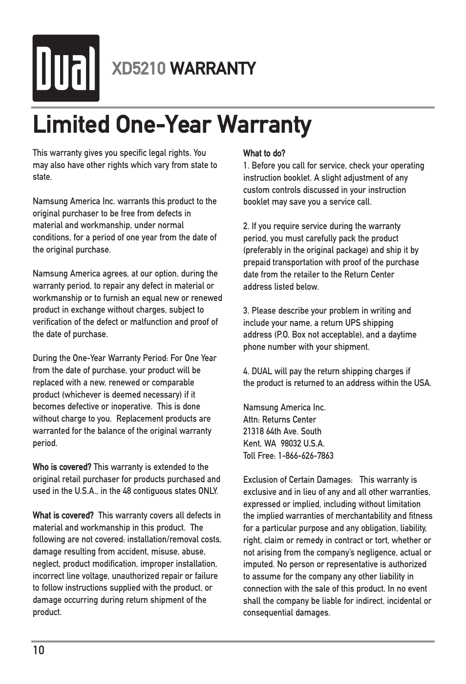 Limited one-year warranty, Xd5210 warranty | Dual XD5210 User Manual | Page 10 / 16