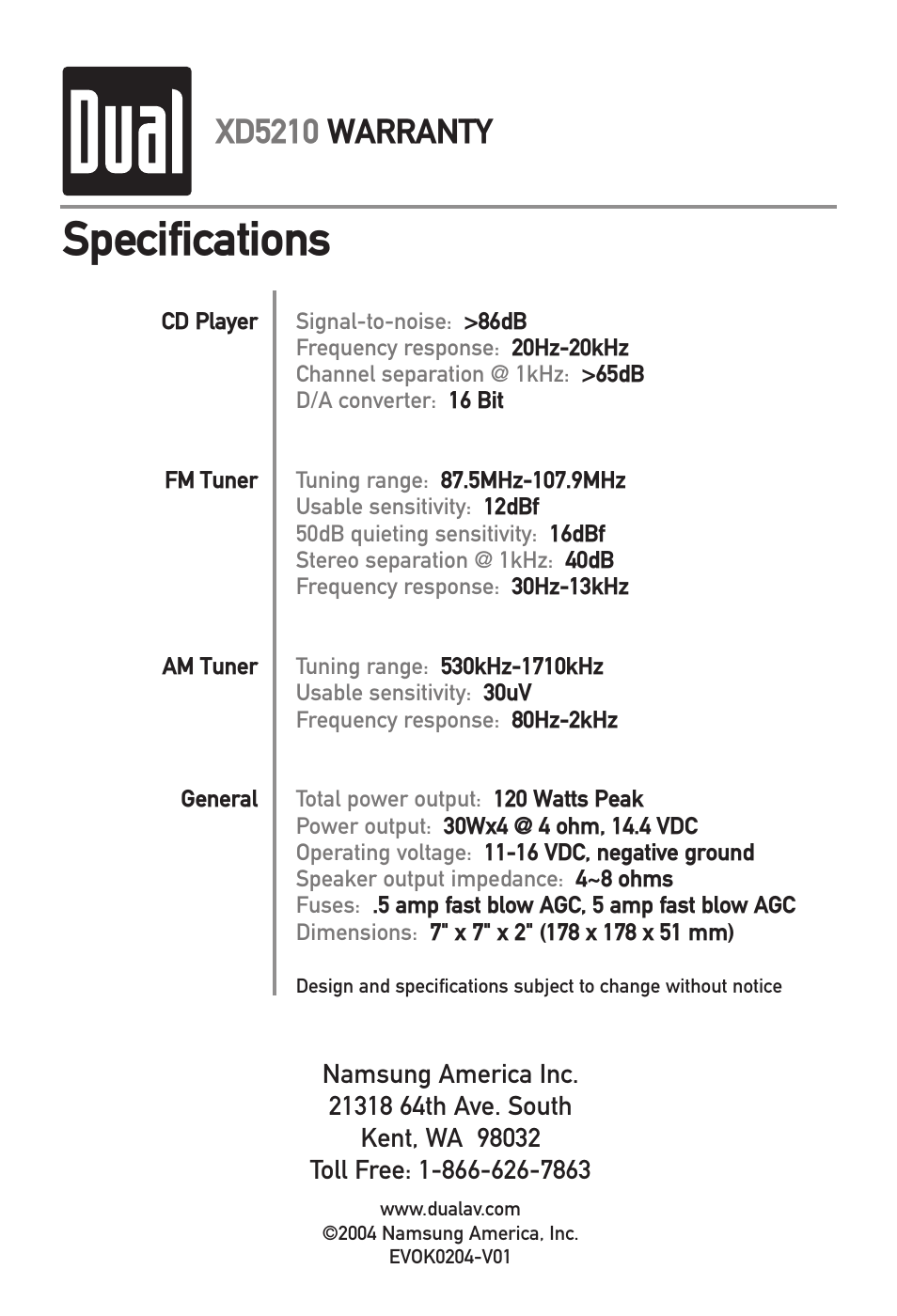 Specifications, Xd5210 warranty | Dual XD5210 User Manual | Page 12 / 16