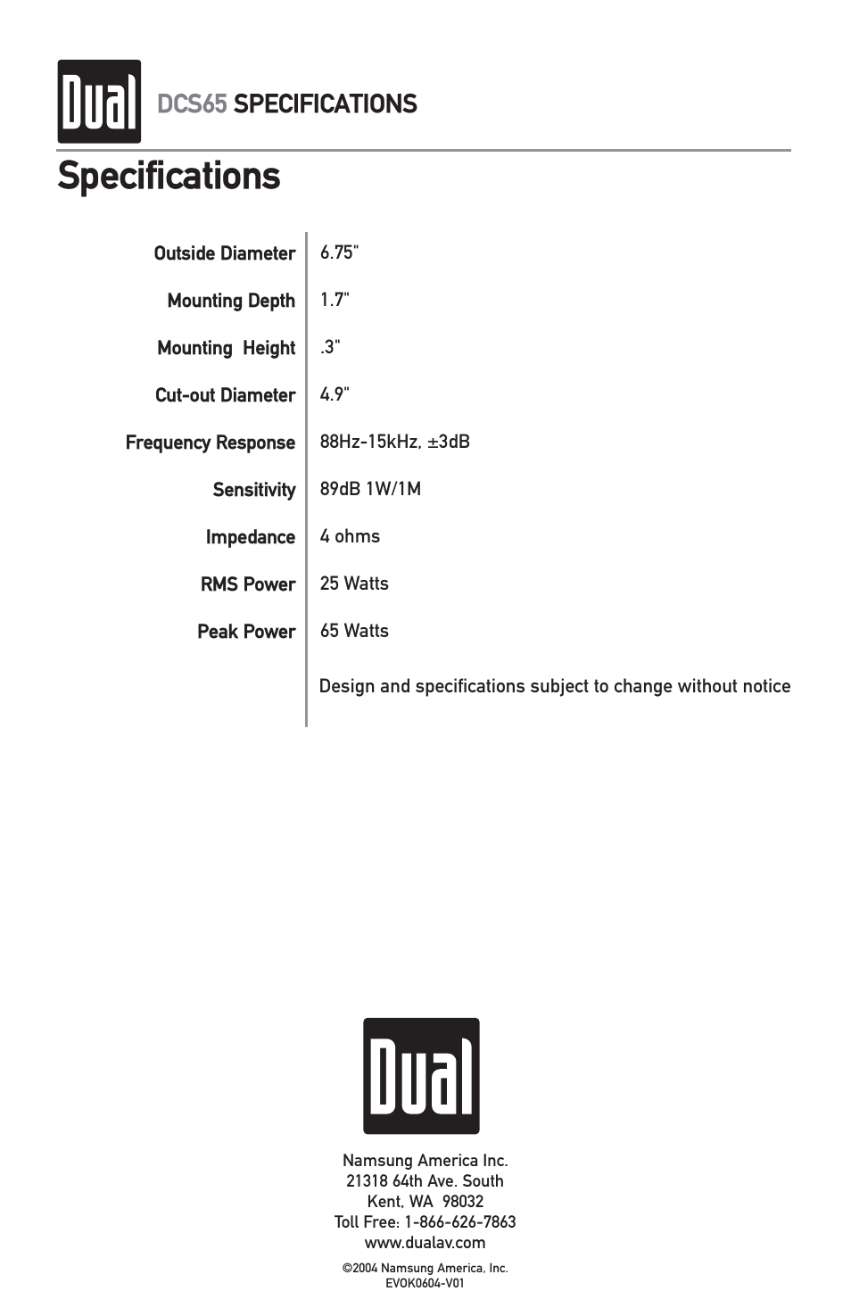 Specifications, Dcs65 specifications | Dual XD5210 User Manual | Page 16 / 16