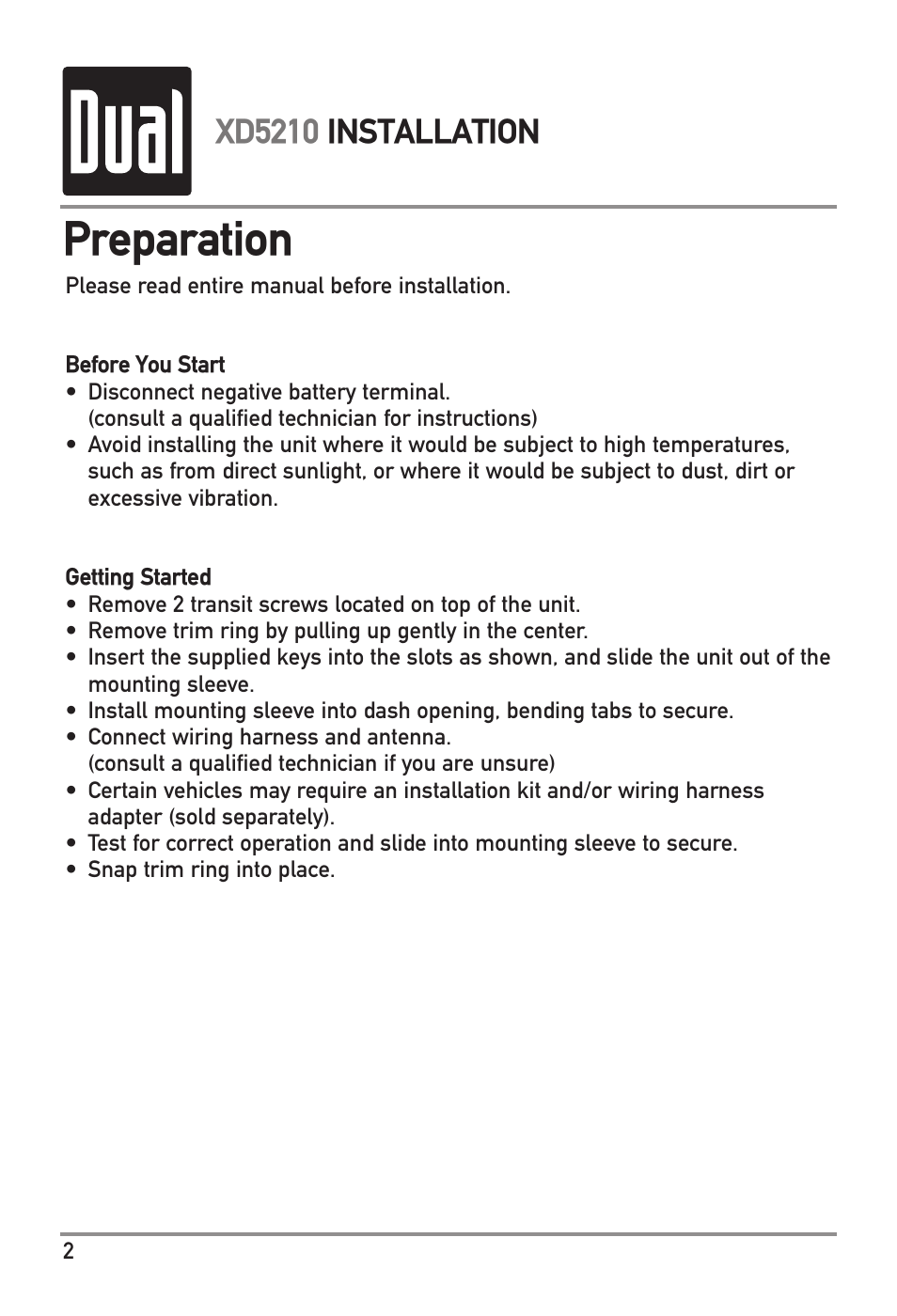 Preparation, Xd5210 installation | Dual XD5210 User Manual | Page 2 / 16